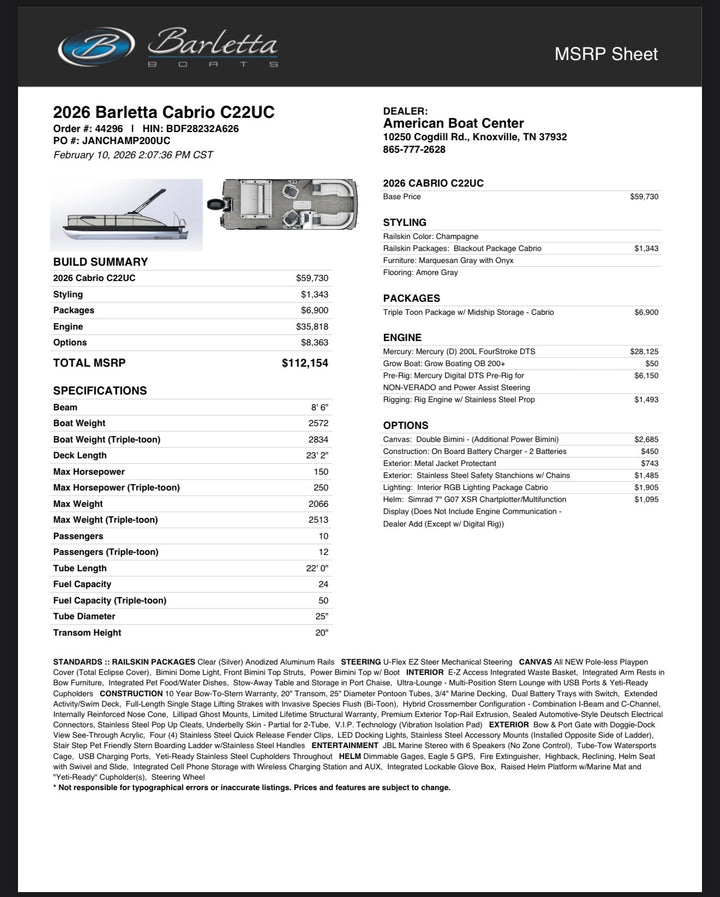 2026 Barletta Cabrio 22UC