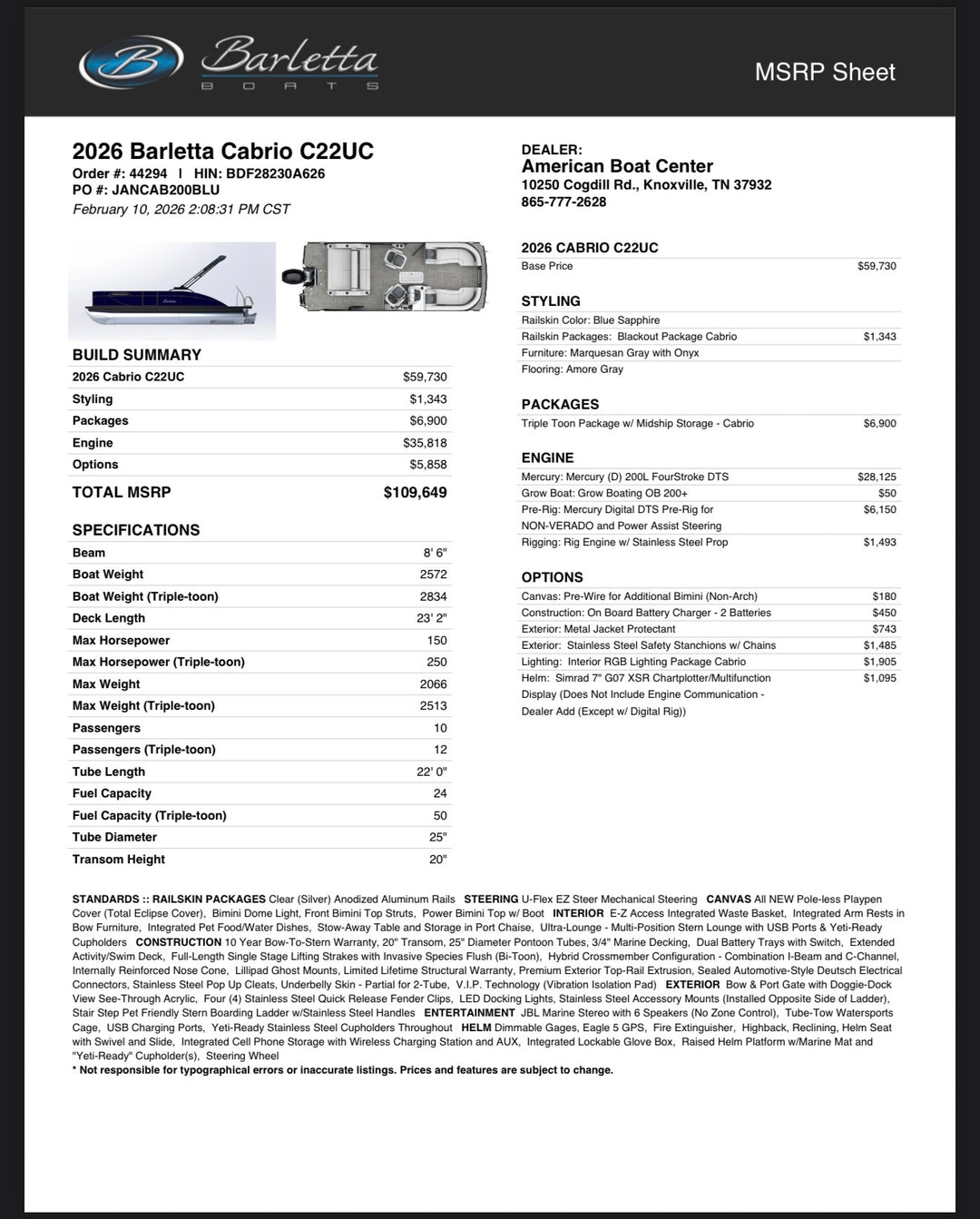 2026 Barletta Cabrio 22UC