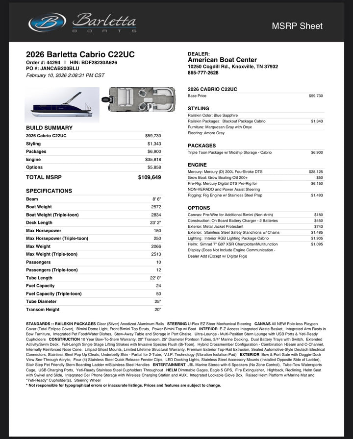 2026 Barletta Cabrio 22UC